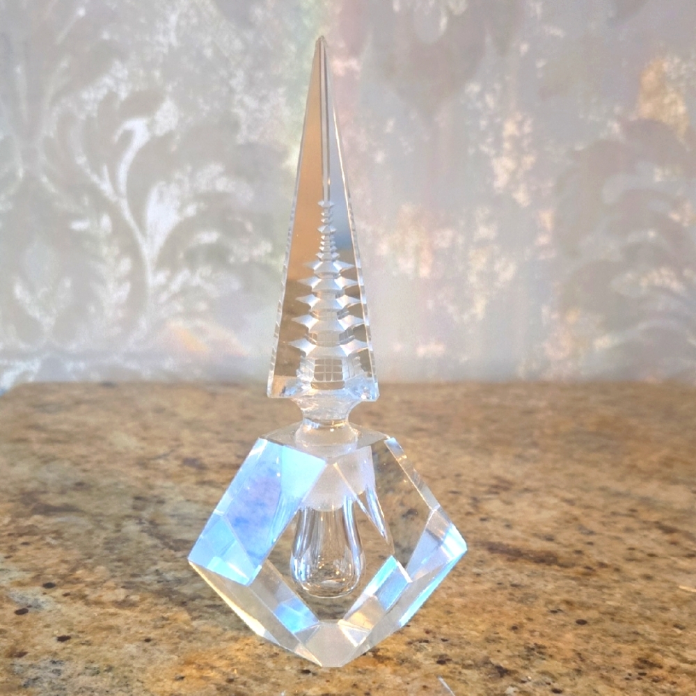 Vintage Cut Crystal Empty Perfume Bottle with Faceted Design Pagoda Japan